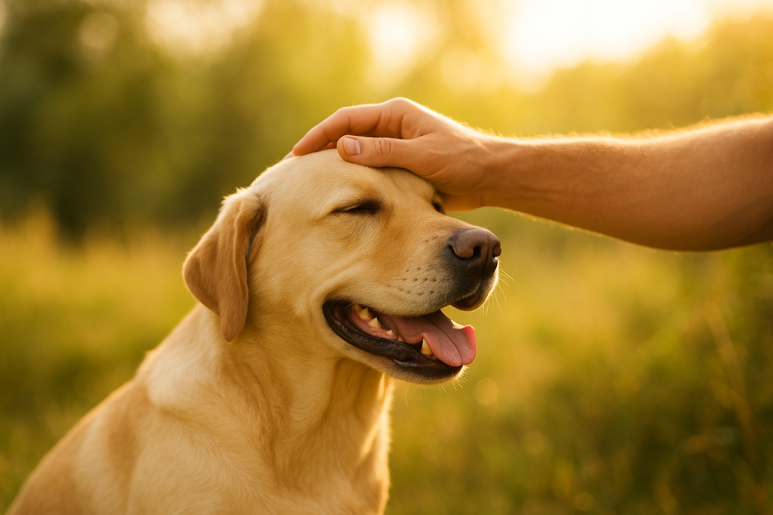 Una mano acariciando a un perro feliz